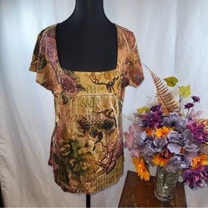 BLEU Asian Print Boho Tunic Top L Made USA Floral Pagoda Art Blouse